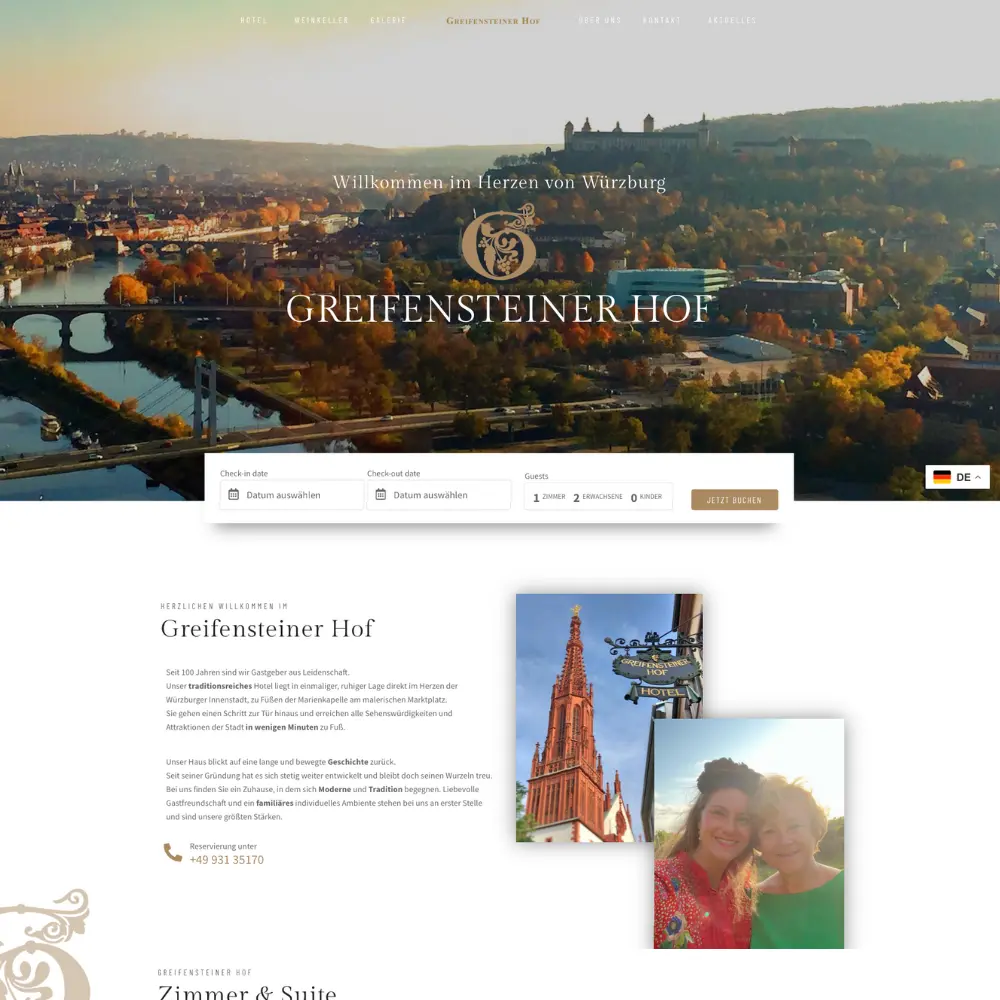 Screenshot der Hotel Greifensteiner-Hof-Website mit maßgeschneiderten Buchungsoptionen, gestaltet von Quint Media