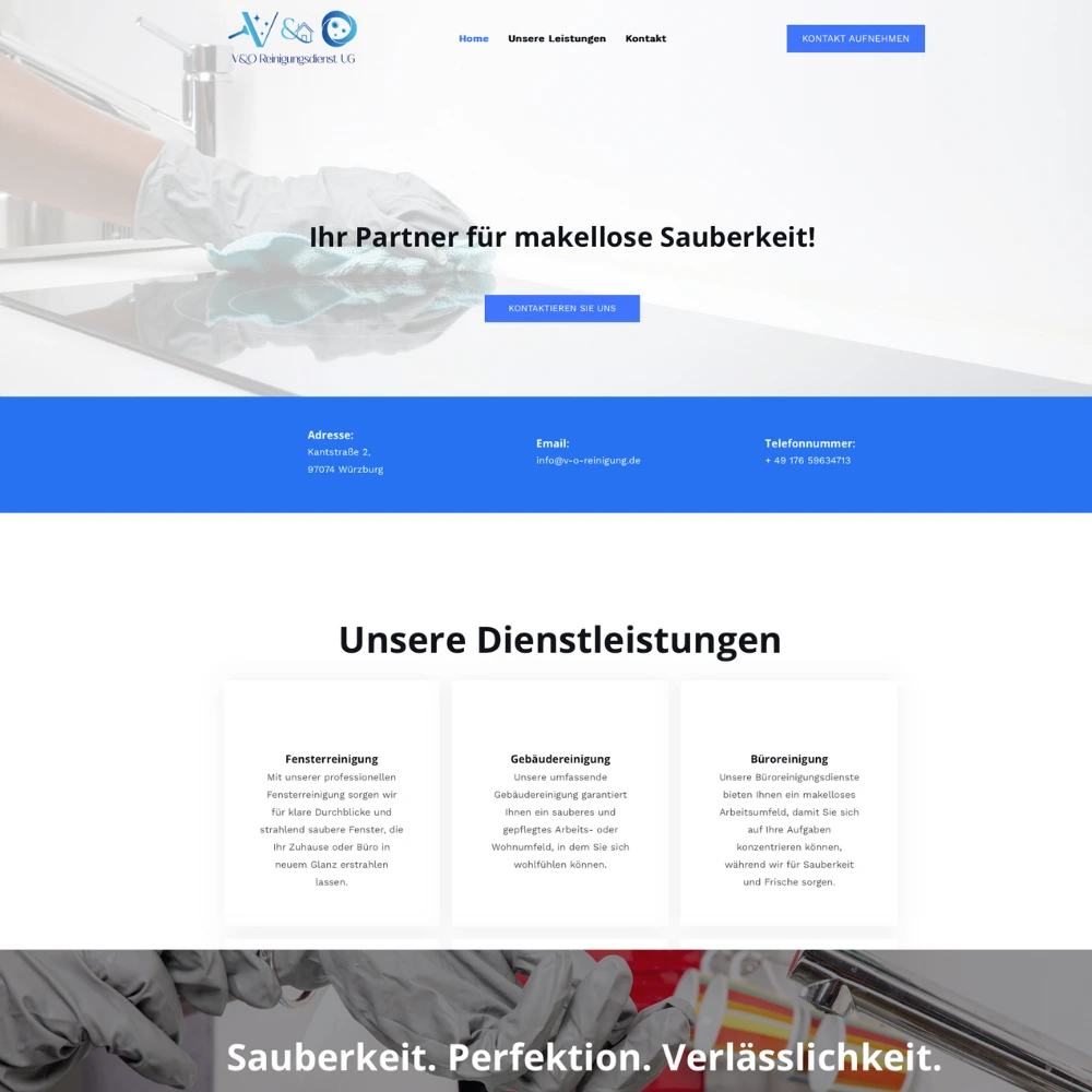 Screenshot der V-O-Reinigung-Website mit klar strukturierter Service-Übersicht und Kontaktmöglichkeiten von Quint Media
