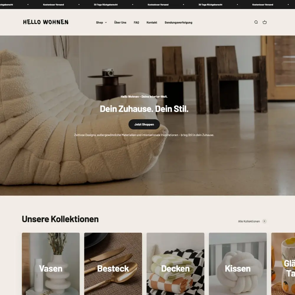 Screenshot des Hello Wohnen-Onlineshops für hochwertige Interior-Produkte mit UX-Fokus von Quint Media