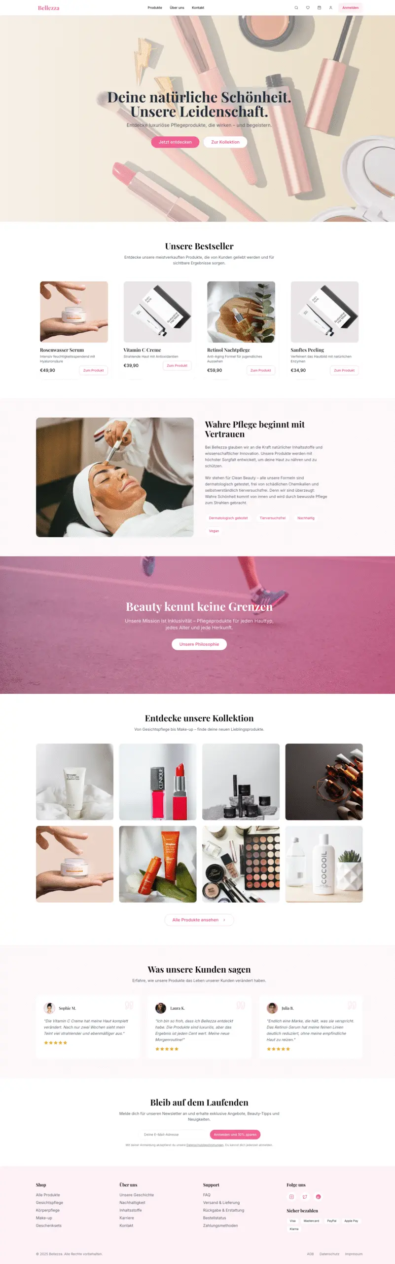 Screenshot des Bellezza-Beauty-Shop-Designs mit Bestseller-Übersicht und Conversion-Optimierung von Quint Media