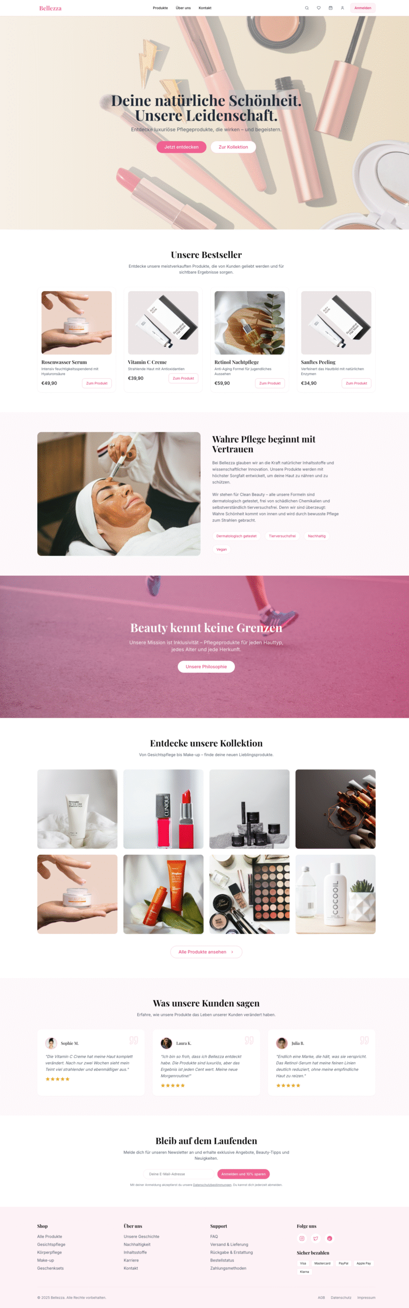 Screenshot des Bellezza-Beauty-Shop-Designs mit Bestseller-Übersicht und Conversion-Optimierung von Quint Media