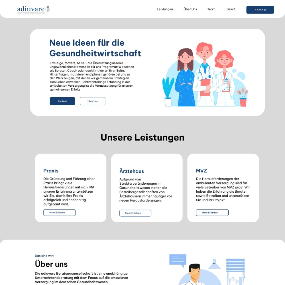 Screenshot der Adiuvare-Beratungsplattform im Gesundheitswesen mit Service-Übersicht von Quint Media