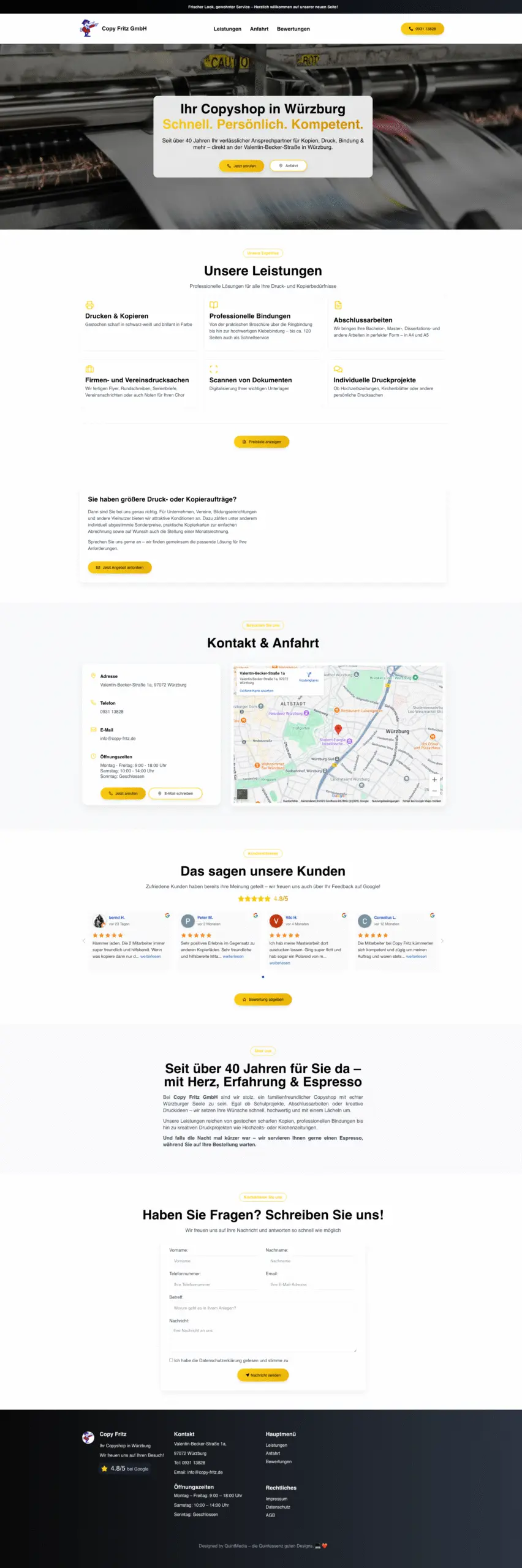 Screenshot der Copy Fritz GmbH-Corporate-Website mit integriertem Blog und lokaler SEO von Quint Media