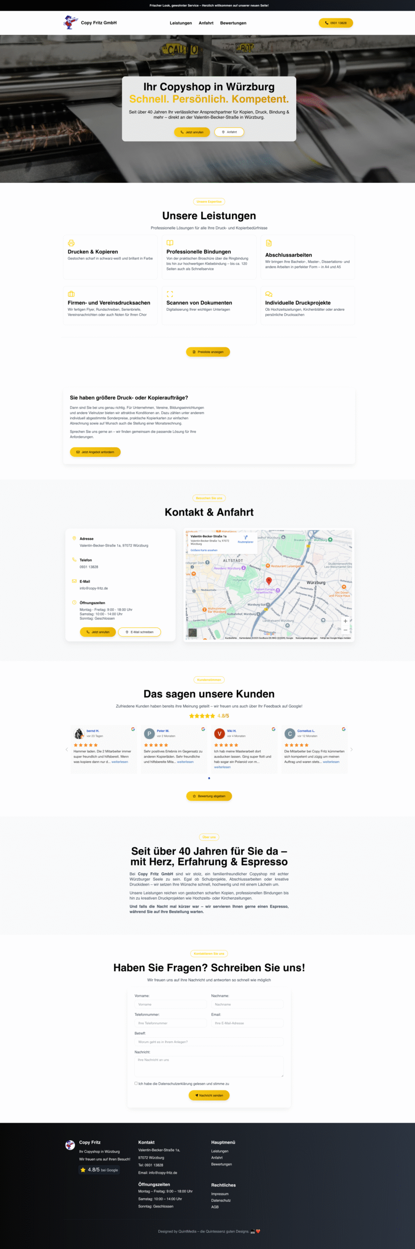 Screenshot der Copy Fritz GmbH-Corporate-Website mit integriertem Blog und lokaler SEO von Quint Media