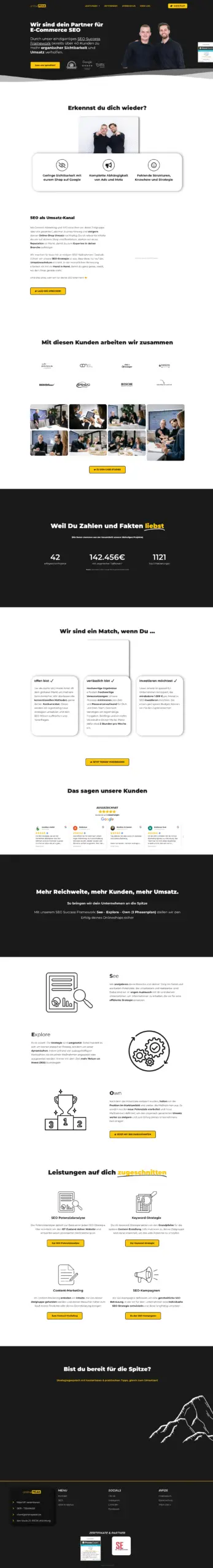 Screenshot der OnlinePeak-SEO-Agentur-Website mit Fokus auf Leadgenerierung und Autorität von Quint Media