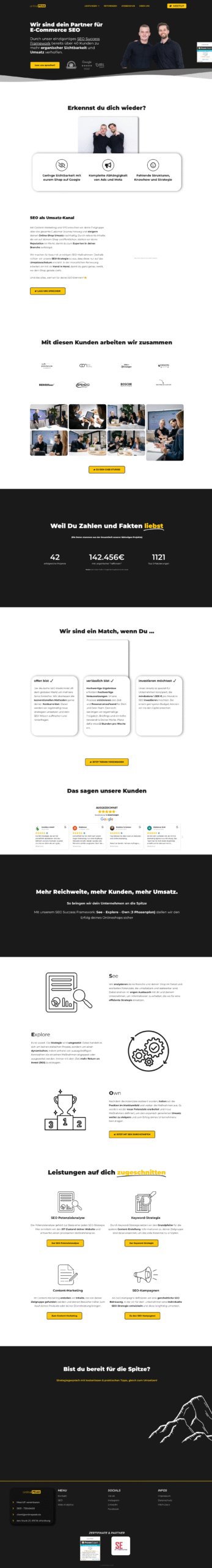 Screenshot der OnlinePeak-SEO-Agentur-Website mit Fokus auf Leadgenerierung und Autorität von Quint Media